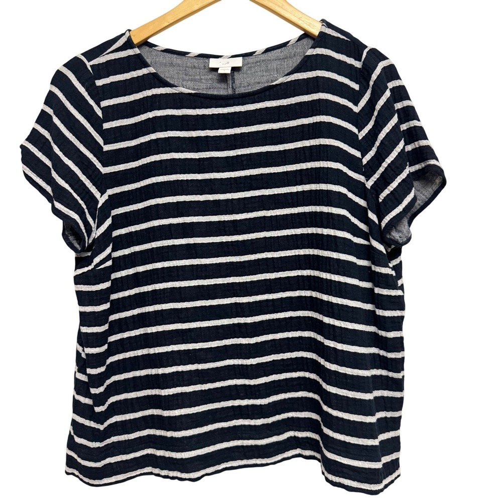 J. Jill Top Large Navy White Striped Short Sleeve‎ 100% Cotton Gauzey Top